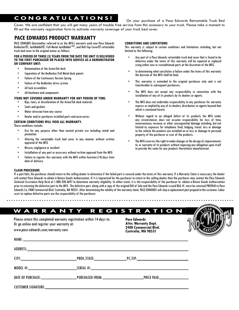 Pace edwards product warranty | Pace-Edwards JR Series Nissan Frontier Crew Cab Extra Short Bed User Manual | Page 7 / 8