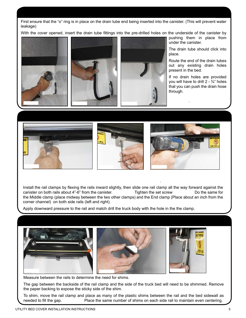 Install and match drill the horizontal rail clamps, Installing the drain tubes, Shim the horizontal rail clamps (if needed) | Pace-Edwards Manual Retractable Utility Bed User Manual | Page 5 / 12