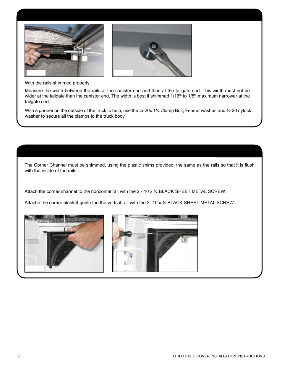 Installing corner blanket guide, Bolt down horizontal rail clamps | Pace-Edwards Manual Retractable Utility Bed User Manual | Page 6 / 12