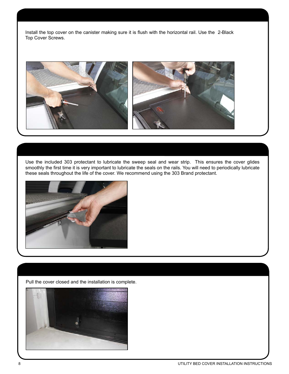 Install the top cover, Lubricate the rails, Complete installation | Pace-Edwards Manual Retractable Utility Bed User Manual | Page 8 / 12