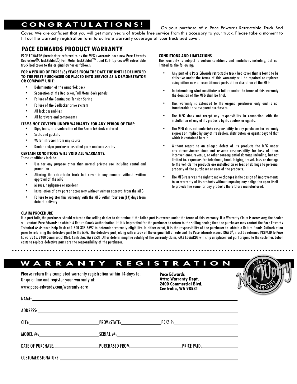 Pace edwards product warranty | Pace-Edwards JR Series Dodge Ram w_RAMBOX option User Manual | Page 7 / 8