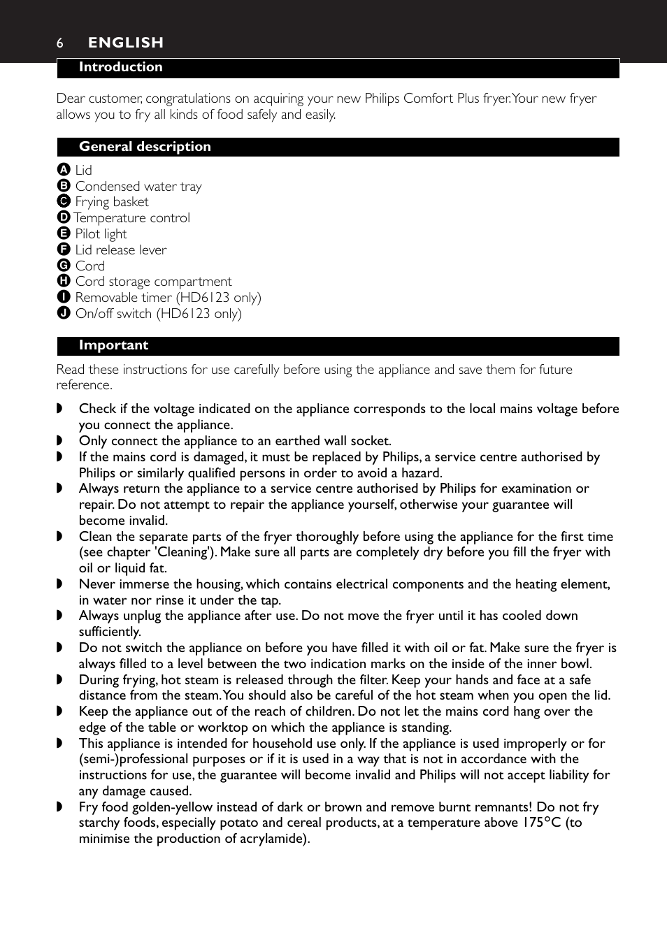 English 6 | Philips HD6121 User Manual | Page 6 / 148