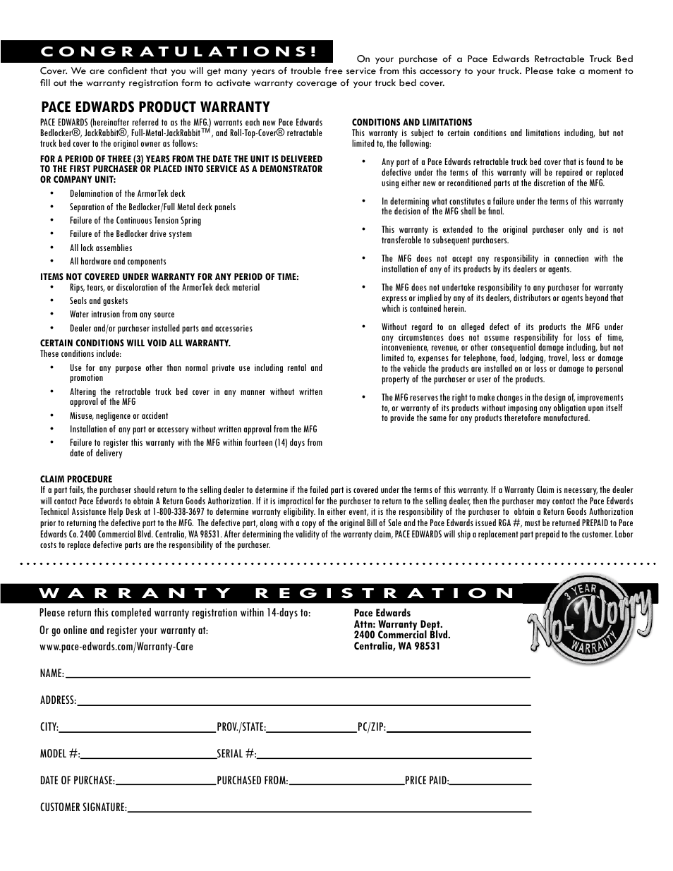 Pace edwards product warranty | Pace-Edwards JackRabbit Series Standard User Manual | Page 7 / 8