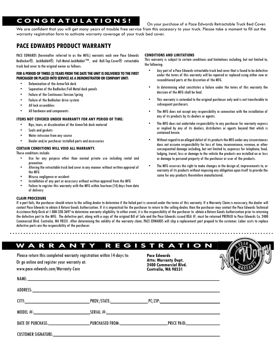 Pace edwards product warranty | Pace-Edwards JR Colorado_ Canyon Crew Cab XSB User Manual | Page 7 / 8