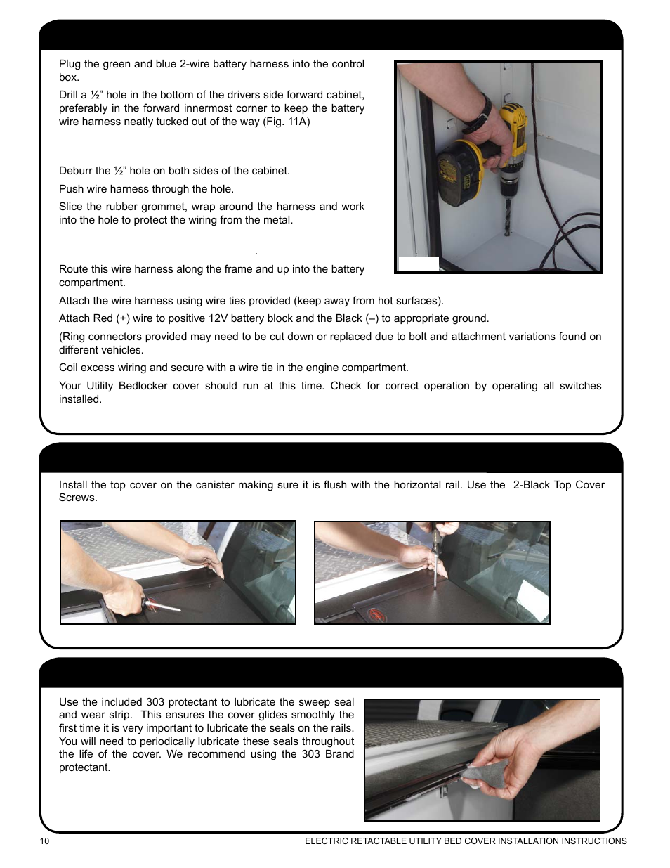 Connecting the wires to the battery, Install the top cover, Lubricate the rails | Pace-Edwards Electric Retractable Utility Bed User Manual | Page 10 / 12
