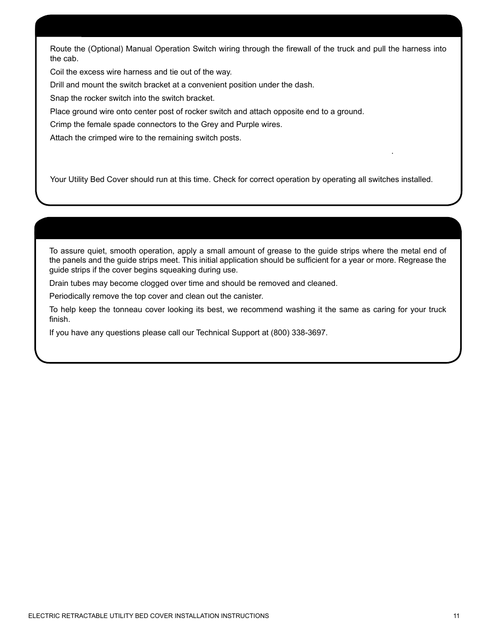 Helpful maintenance hints, Installing the optional manual operation switch | Pace-Edwards Electric Retractable Utility Bed User Manual | Page 11 / 12