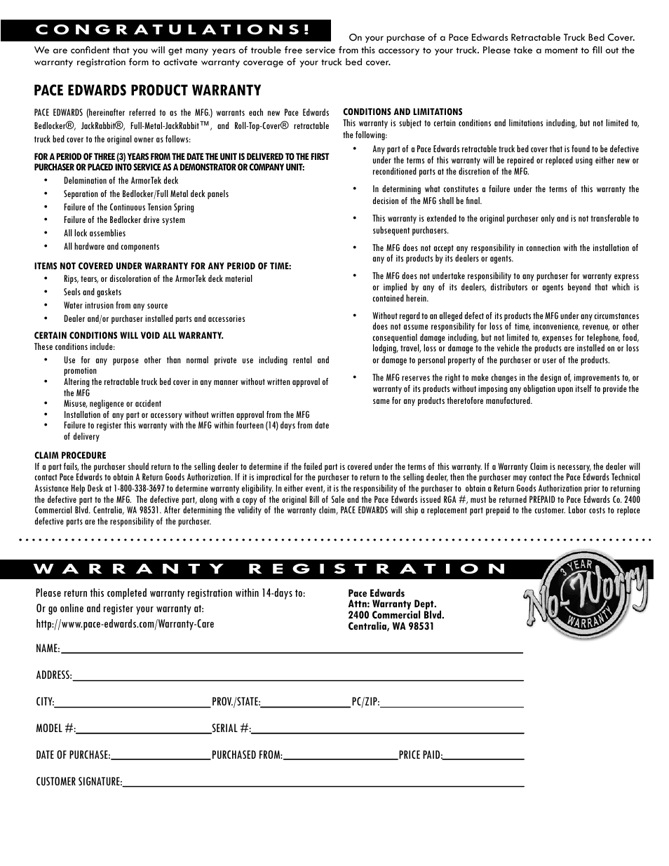 Pace edwards product warranty | Pace-Edwards Electric Retractable Utility Bed User Manual | Page 12 / 12