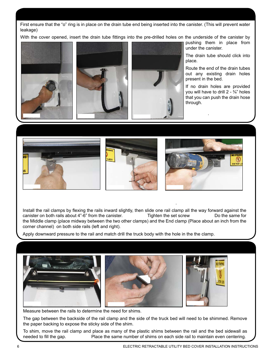 Install and match drill the horizontal rail clamps, Installing the drain tubes, Shim the horizontal rail clamps (if needed) | Pace-Edwards Electric Retractable Utility Bed User Manual | Page 6 / 12