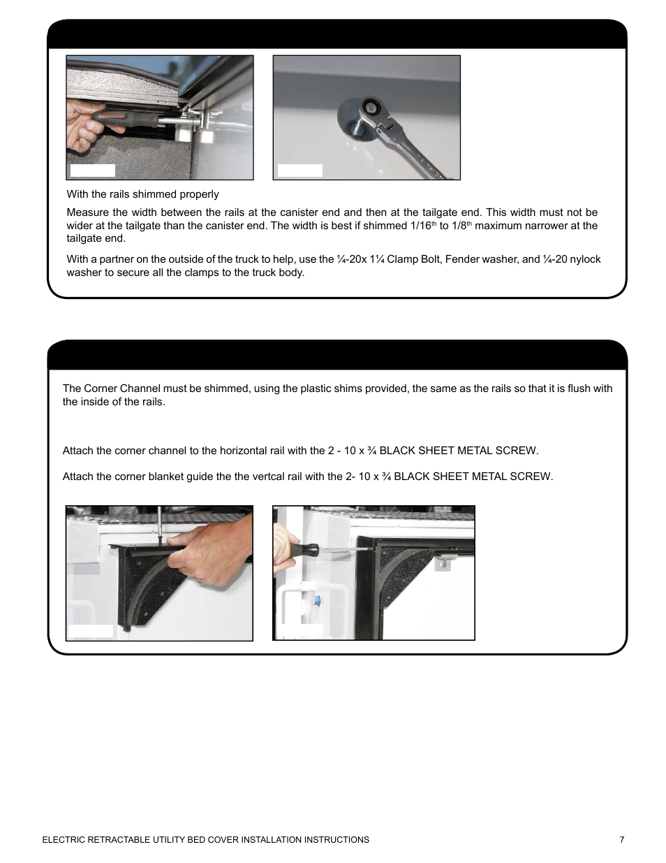 Installing corner blanket guide, Bolt down horizontal rail clamps | Pace-Edwards Electric Retractable Utility Bed User Manual | Page 7 / 12