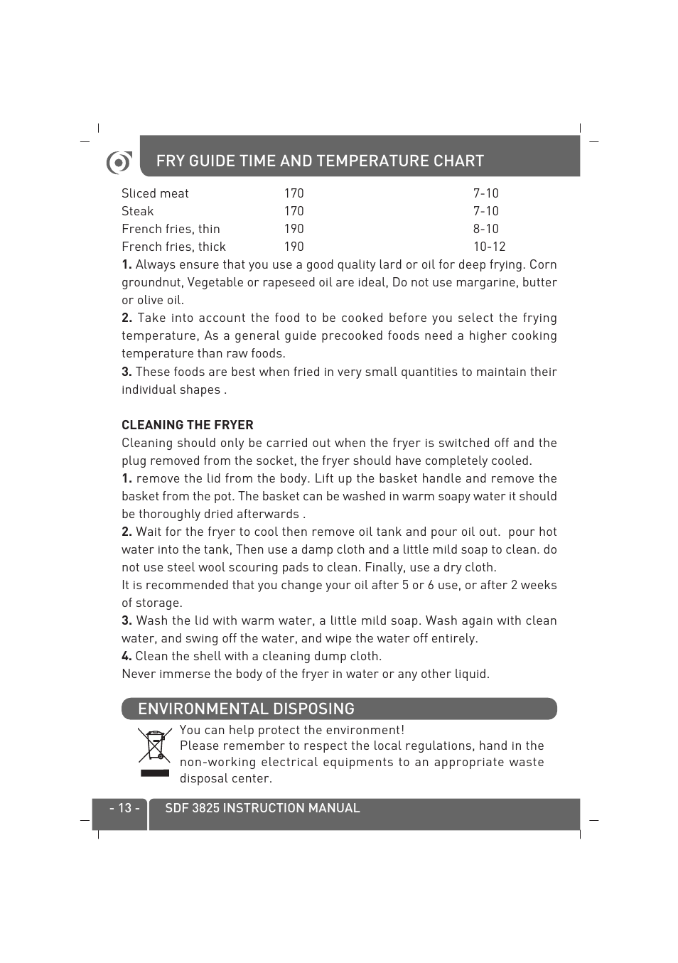 Fry guide time and temperature chart, Environmental disposing | SINBO SDF 3825 User Manual | Page 14 / 48