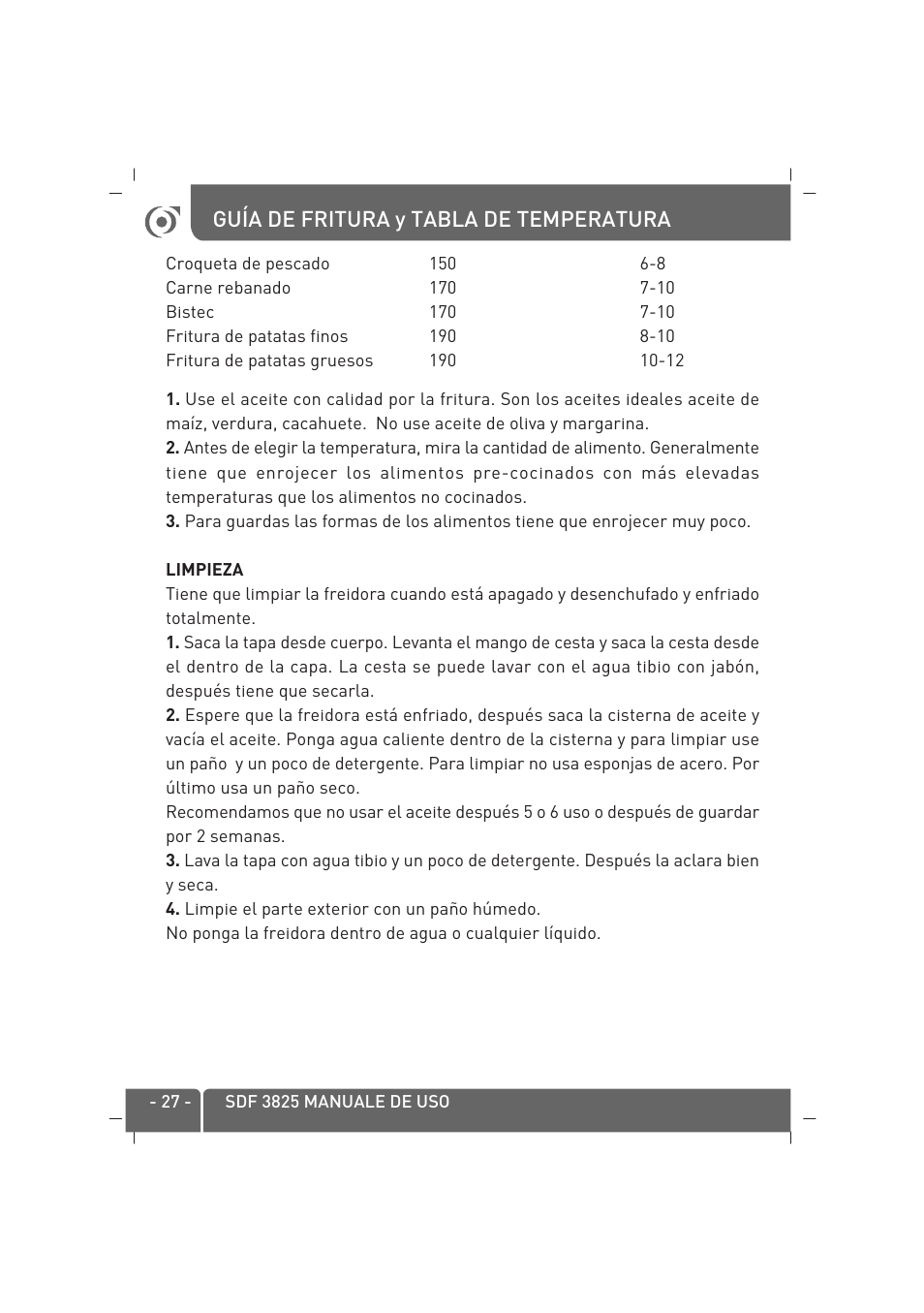 Guía de fritura y tabla de temperatura | SINBO SDF 3825 User Manual | Page 28 / 48