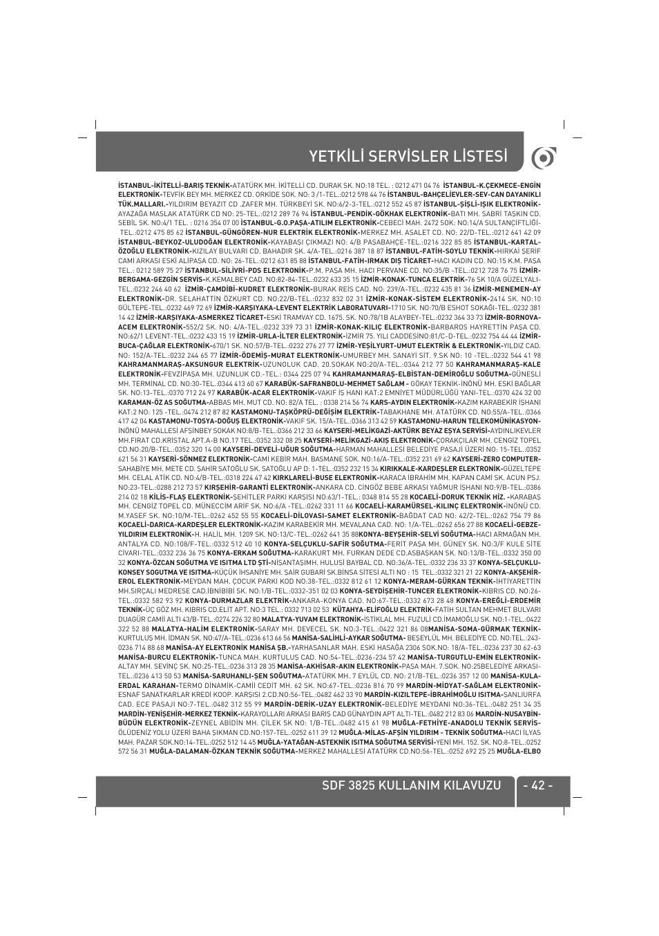 Yetk‹l‹ serv‹sler l‹stes | SINBO SDF 3825 User Manual | Page 43 / 48