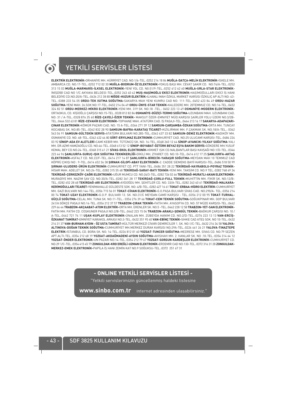 Yetk‹l‹ serv‹sler l‹stes | SINBO SDF 3825 User Manual | Page 44 / 48