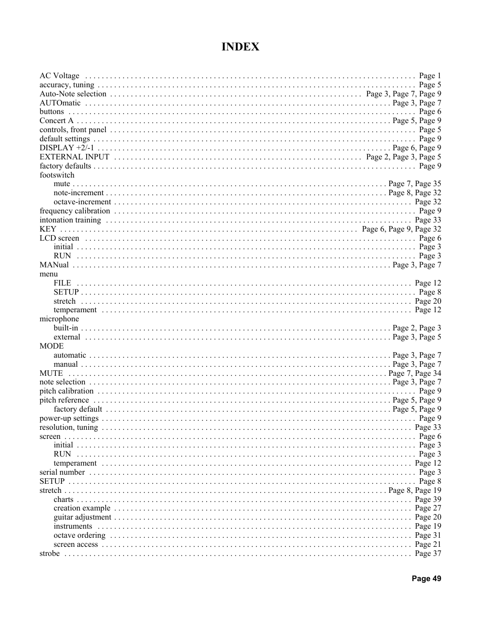 Index | Peterson AutoStrobe 490ST User Manual | Page 43 / 44