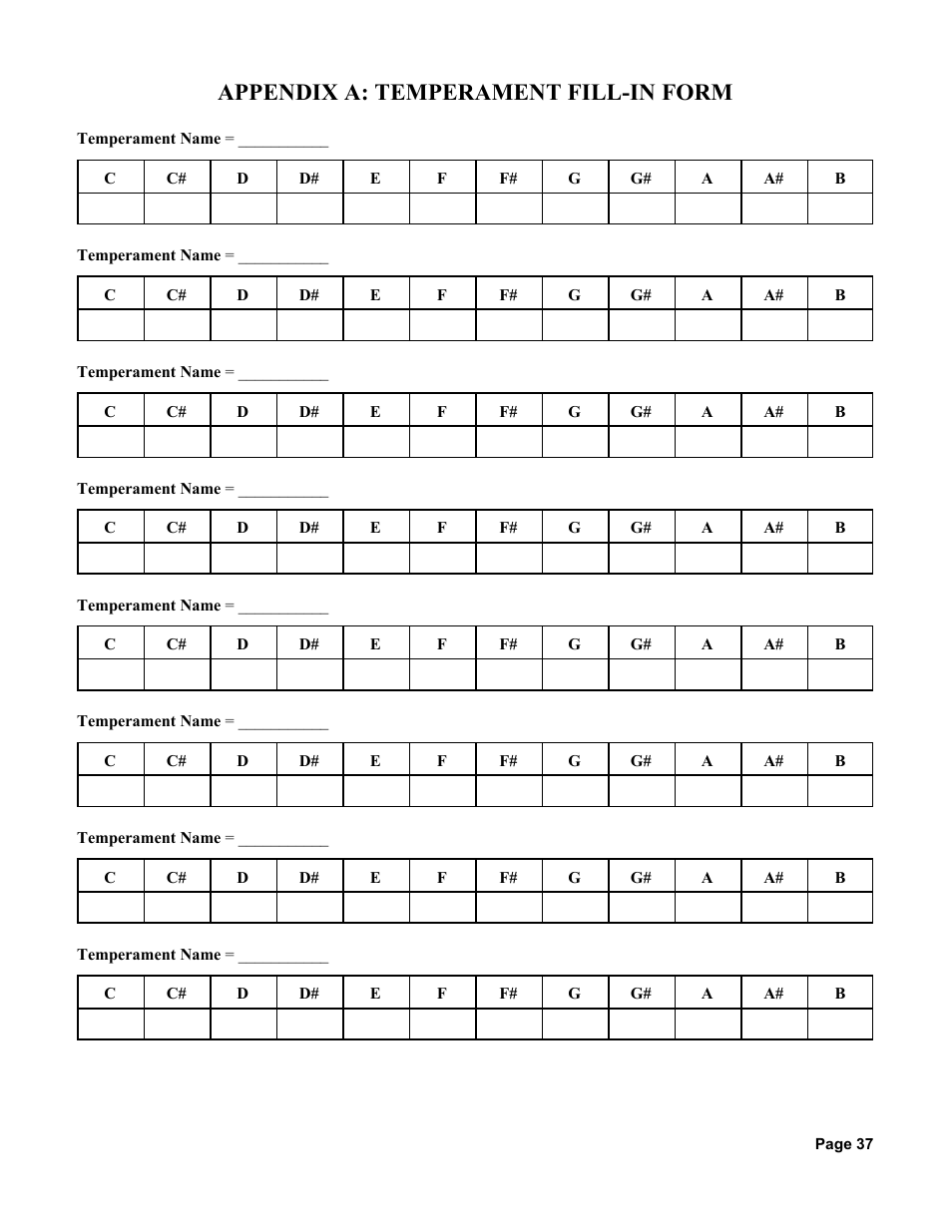 Appendix a: temperament fill-in form | Peterson Strobe Center 5000-II User Manual | Page 39 / 50