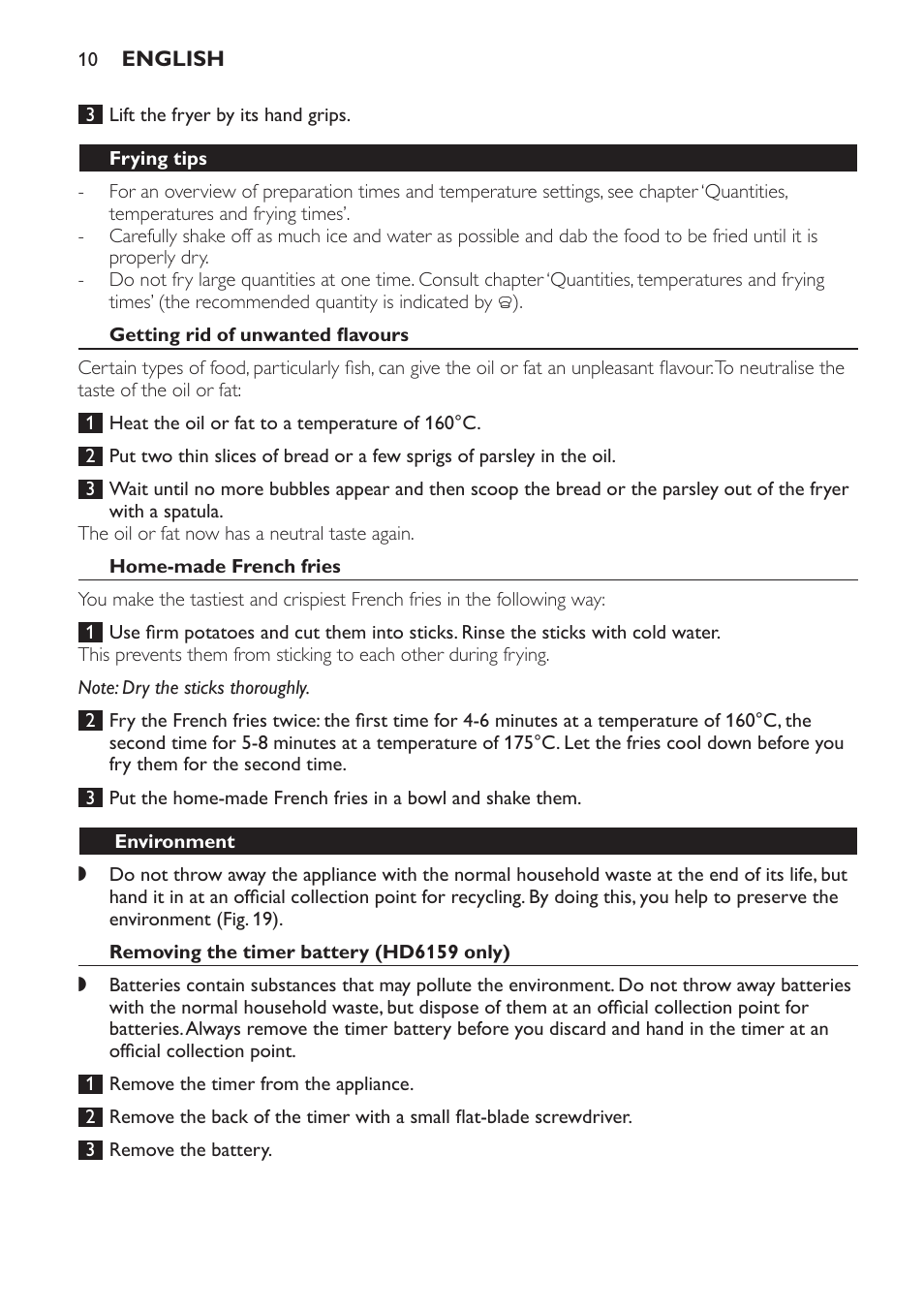 Frying tips, Getting rid of unwanted flavours, Home-made french fries | Environment, Removing the timer battery (hd6159 only), Guarantee & service | Philips HD6158 User Manual | Page 10 / 124