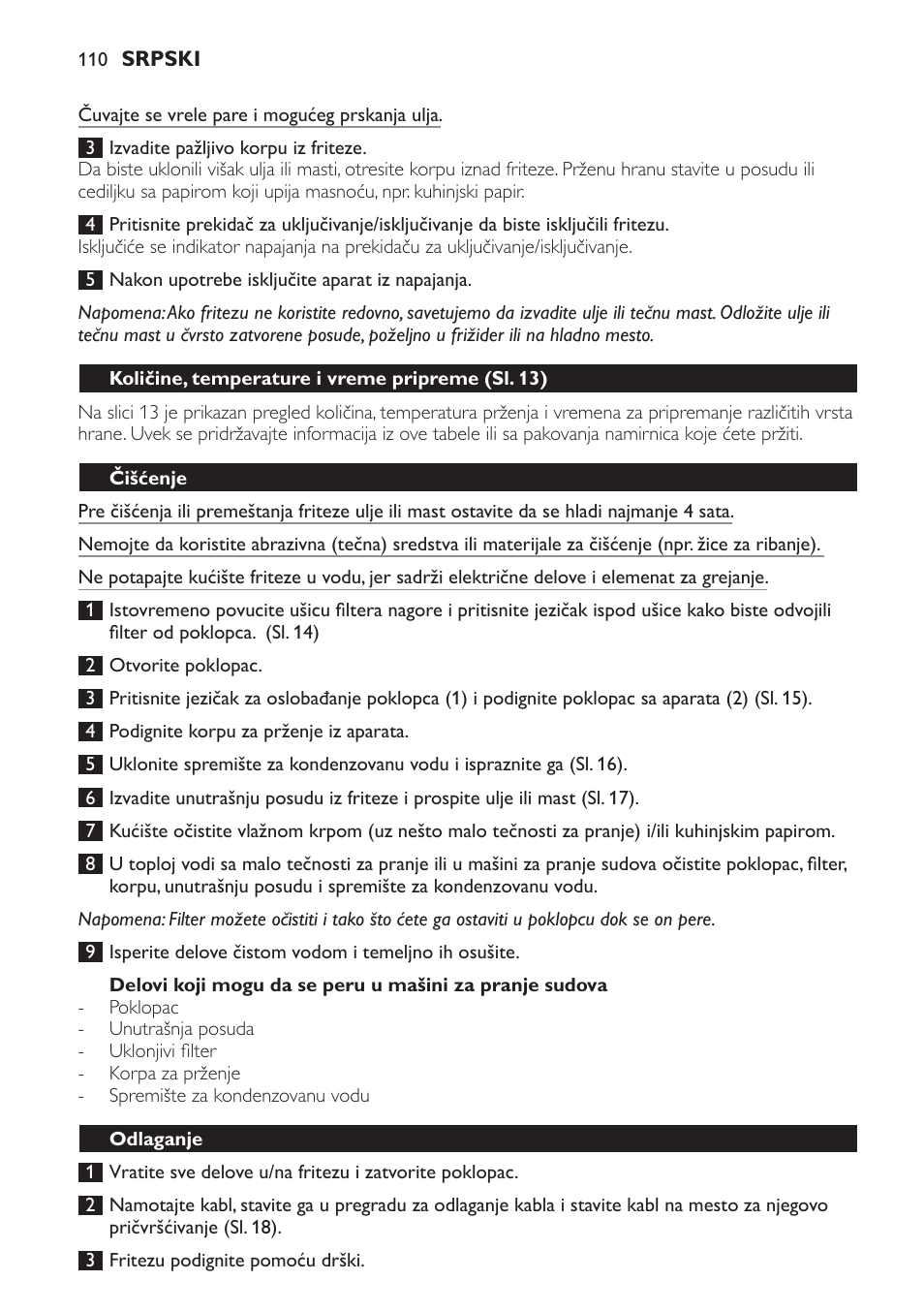 Količine, temperature i vreme pripreme (sl. 13), Čišćenje, Odlaganje | Philips HD6158 User Manual | Page 110 / 124