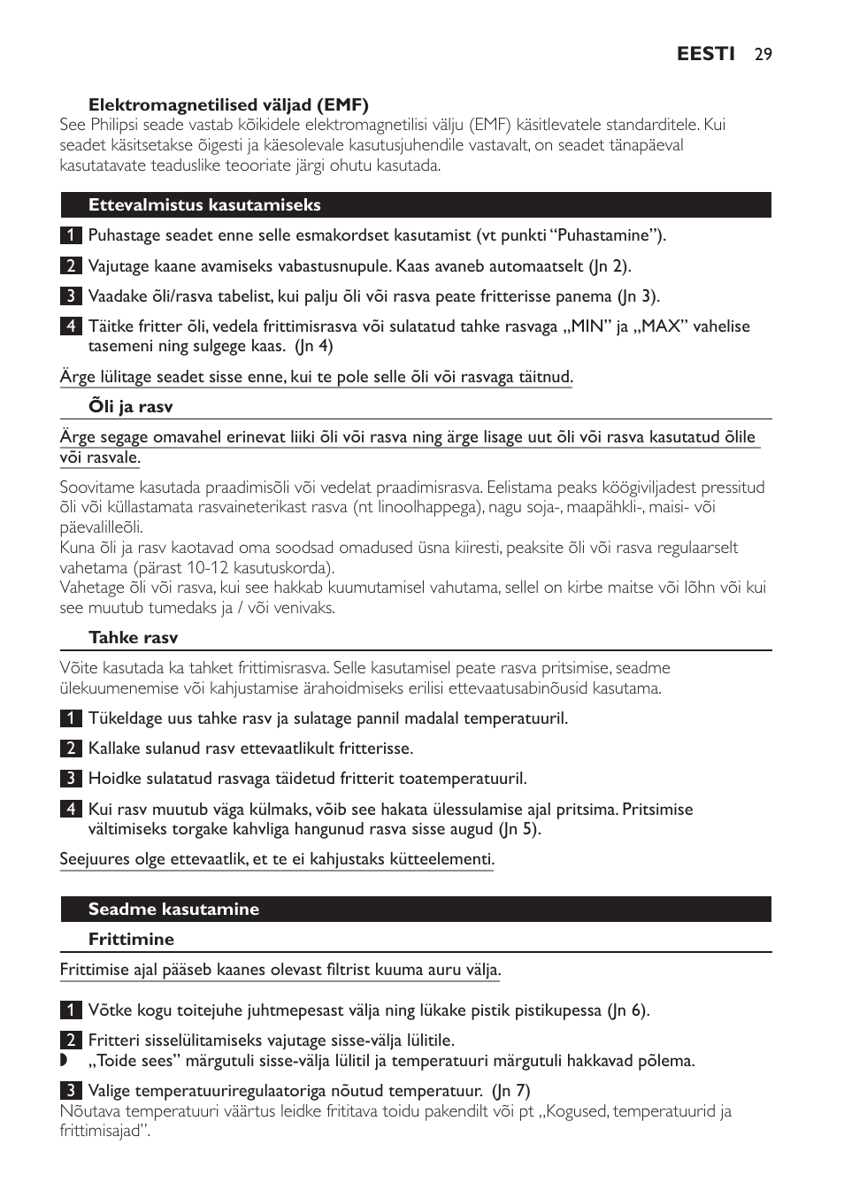 Elektromagnetilised väljad (emf), Ettevalmistus kasutamiseks, Õli ja rasv | Tahke rasv, Seadme kasutamine, Frittimine | Philips HD6158 User Manual | Page 29 / 124