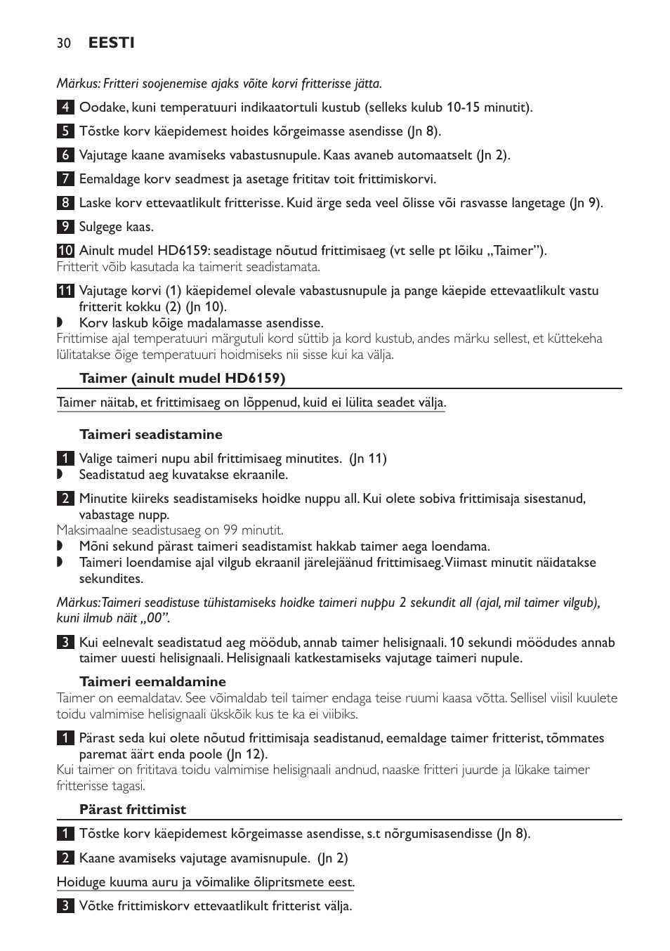 Taimer (ainult mudel hd6159), Taimeri seadistamine, Taimeri eemaldamine | Pärast frittimist | Philips HD6158 User Manual | Page 30 / 124