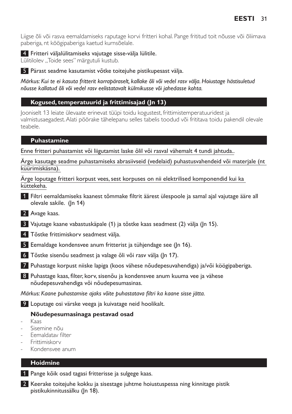 Nõudepesumasinaga pestavad osad, Kogused, temperatuurid ja frittimisajad (jn 13), Puhastamine | Hoidmine | Philips HD6158 User Manual | Page 31 / 124