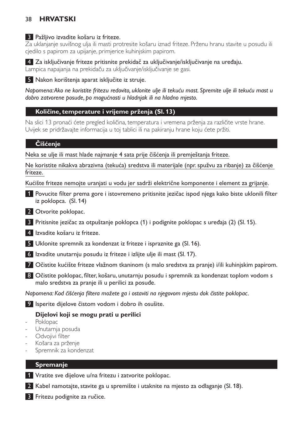 Dijelovi koji se mogu prati u perilici, Količine, temperature i vrijeme prženja (sl. 13), Čišćenje | Spremanje | Philips HD6158 User Manual | Page 38 / 124