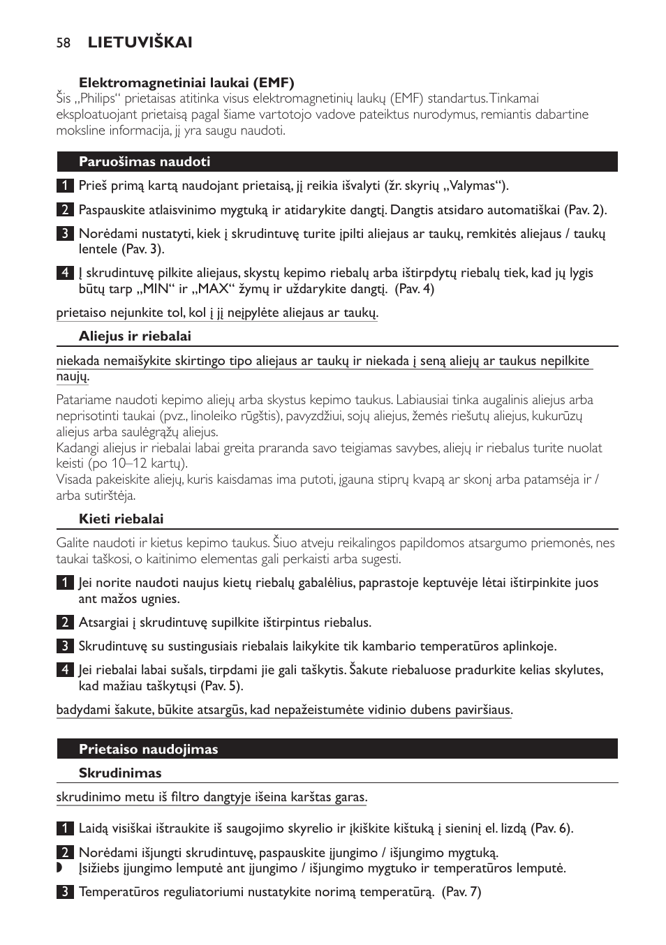 Elektromagnetiniai laukai (emf), Paruošimas naudoti, Aliejus ir riebalai | Kieti riebalai, Prietaiso naudojimas, Skrudinimas | Philips HD6158 User Manual | Page 58 / 124