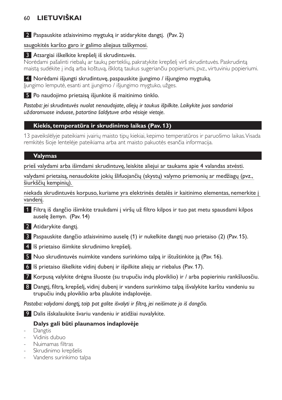 Dalys gali būti plaunamos indaplovėje, Kiekis, temperatūra ir skrudinimo laikas (pav. 13), Valymas | Laikymas | Philips HD6158 User Manual | Page 60 / 124