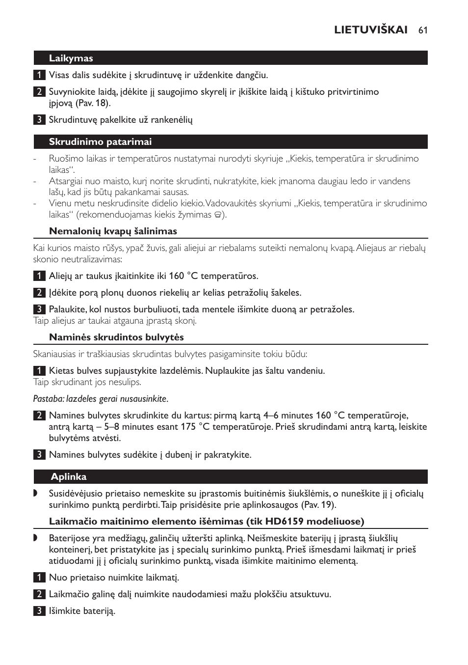 Skrudinimo patarimai, Nemalonių kvapų šalinimas, Naminės skrudintos bulvytės | Aplinka, Garantija ir techninė priežiūra | Philips HD6158 User Manual | Page 61 / 124