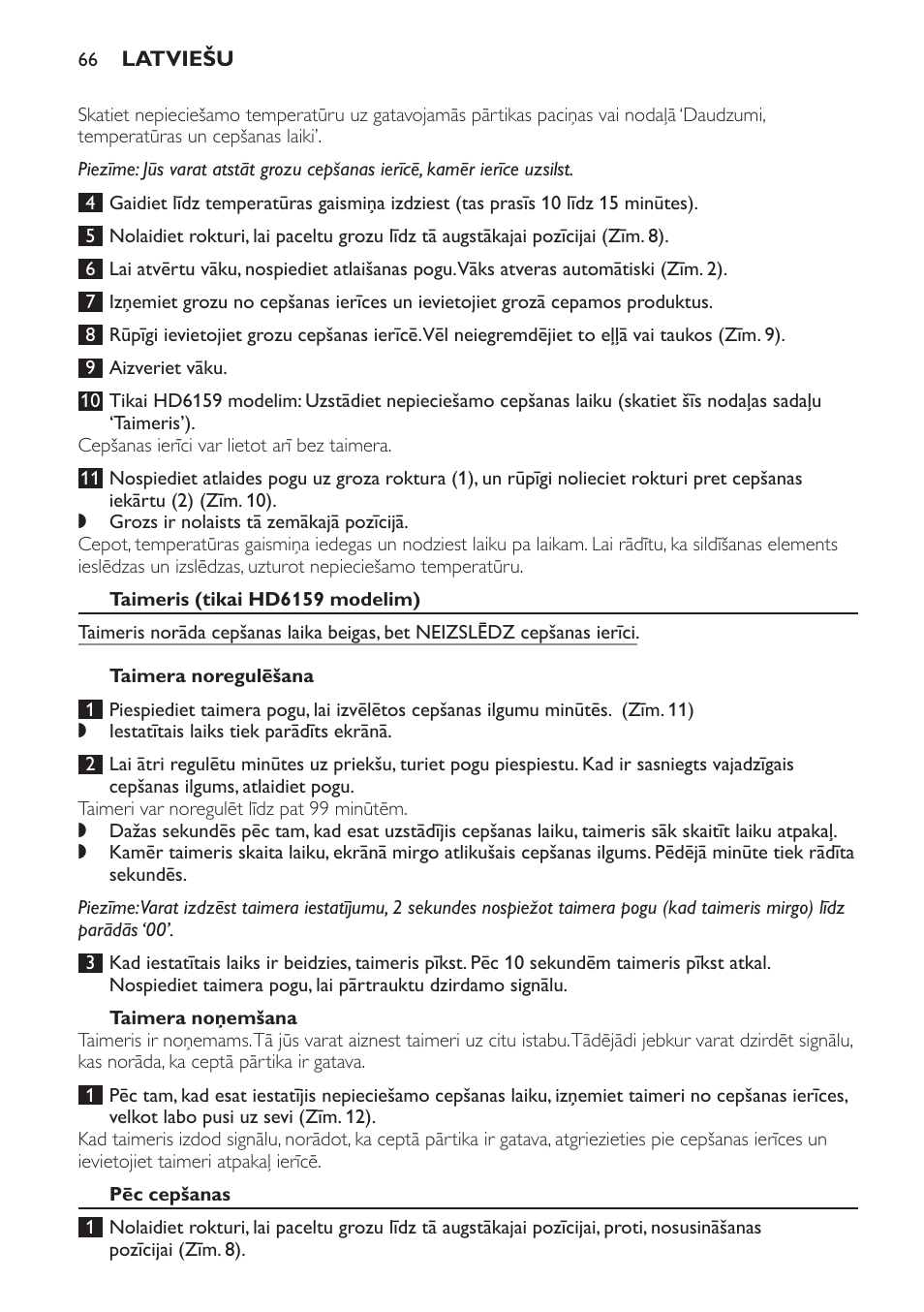 Taimeris (tikai hd6159 modelim), Taimera noregulēšana, Taimera noņemšana | Pēc cepšanas | Philips HD6158 User Manual | Page 66 / 124