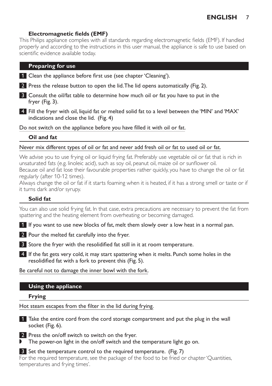 Electromagnetic fields (emf), Preparing for use, Oil and fat | Solid fat, Using the appliance, Frying | Philips HD6158 User Manual | Page 7 / 124