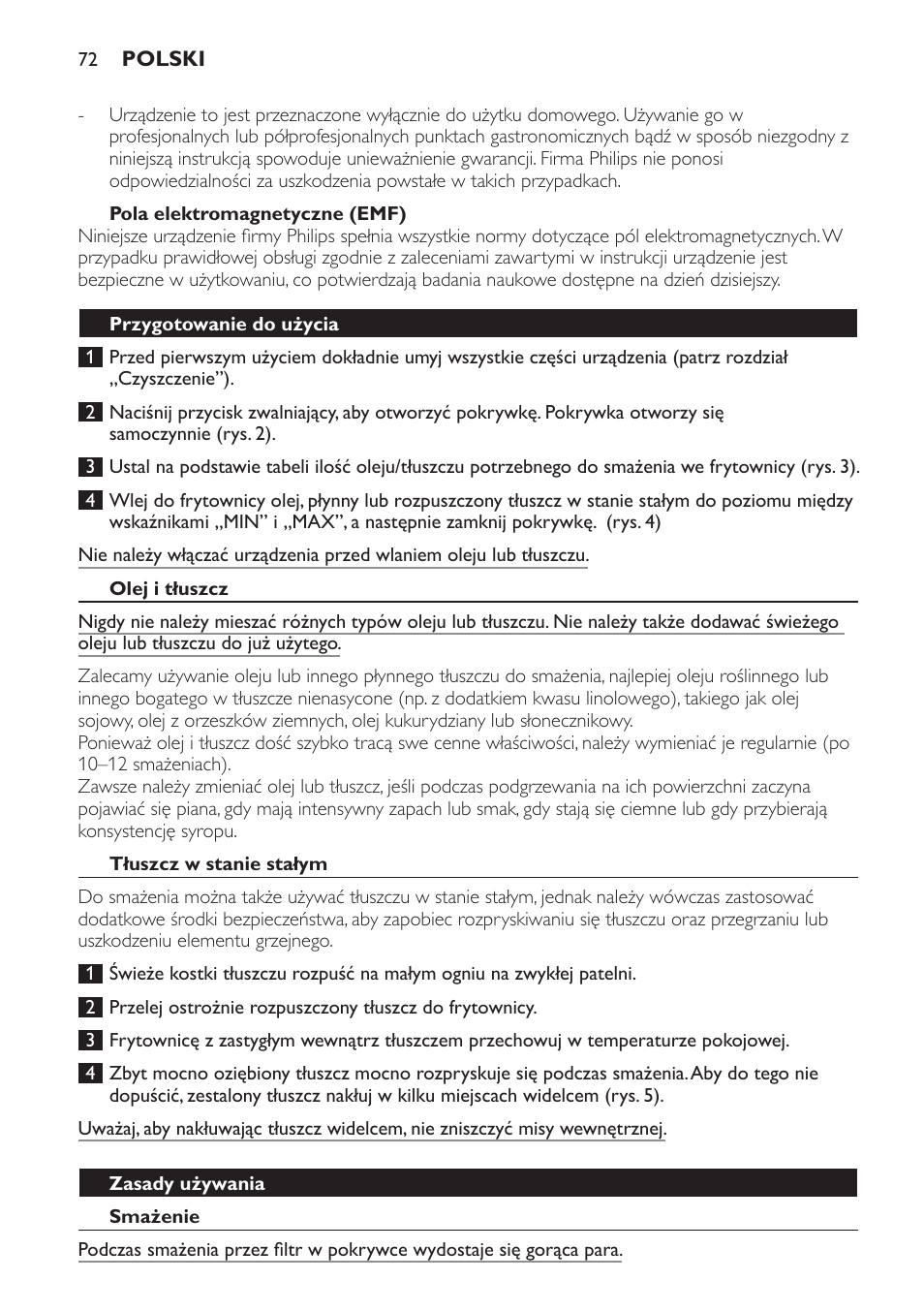 Pola elektromagnetyczne (emf), Przygotowanie do użycia, Olej i tłuszcz | Tłuszcz w stanie stałym, Zasady używania, Smażenie | Philips HD6158 User Manual | Page 72 / 124