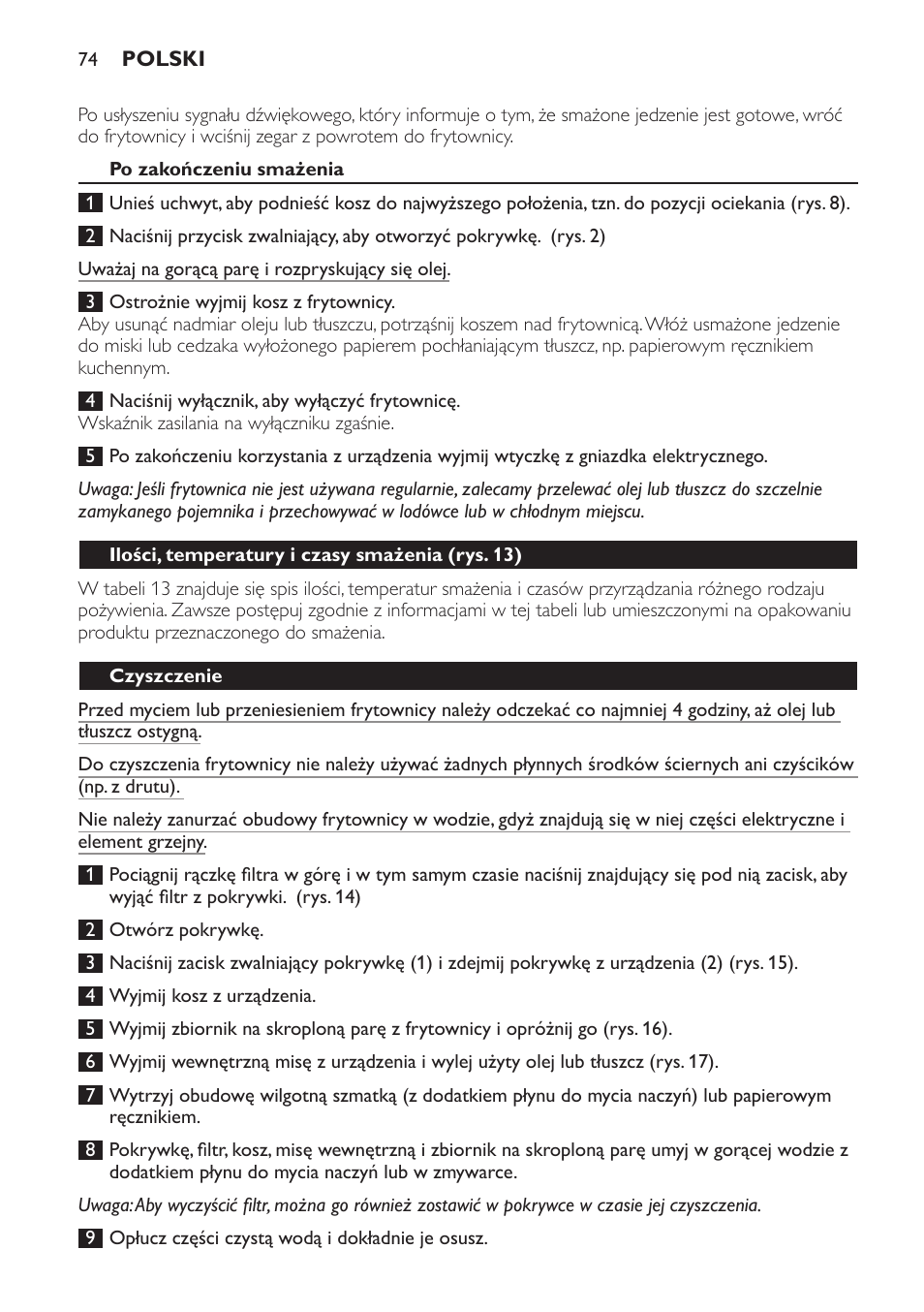 Po zakończeniu smażenia, Ilości, temperatury i czasy smażenia (rys. 13), Czyszczenie | Philips HD6158 User Manual | Page 74 / 124