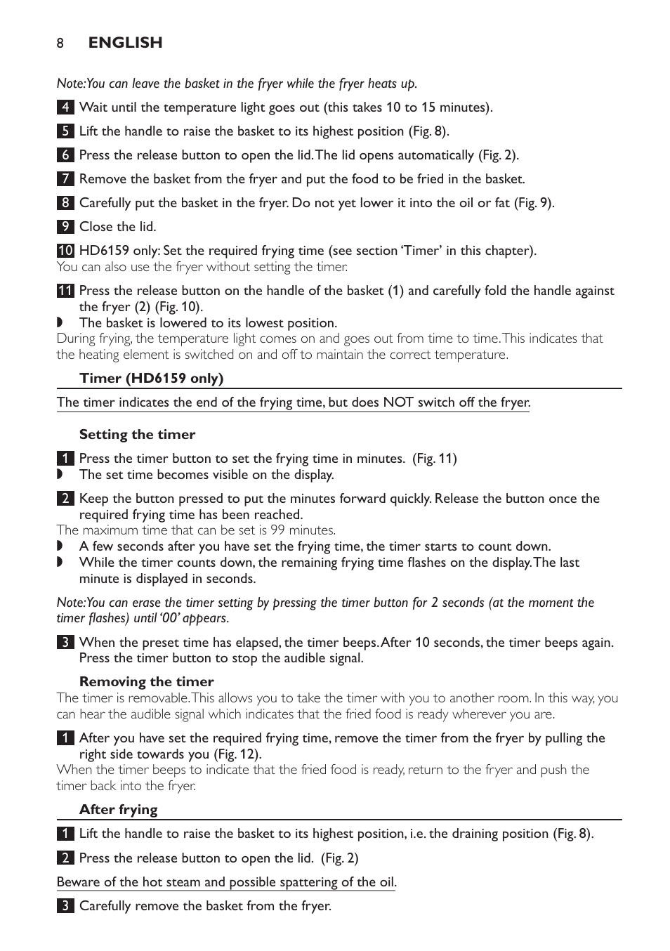 Timer (hd6159 only), Setting the timer, Removing the timer | After frying | Philips HD6158 User Manual | Page 8 / 124