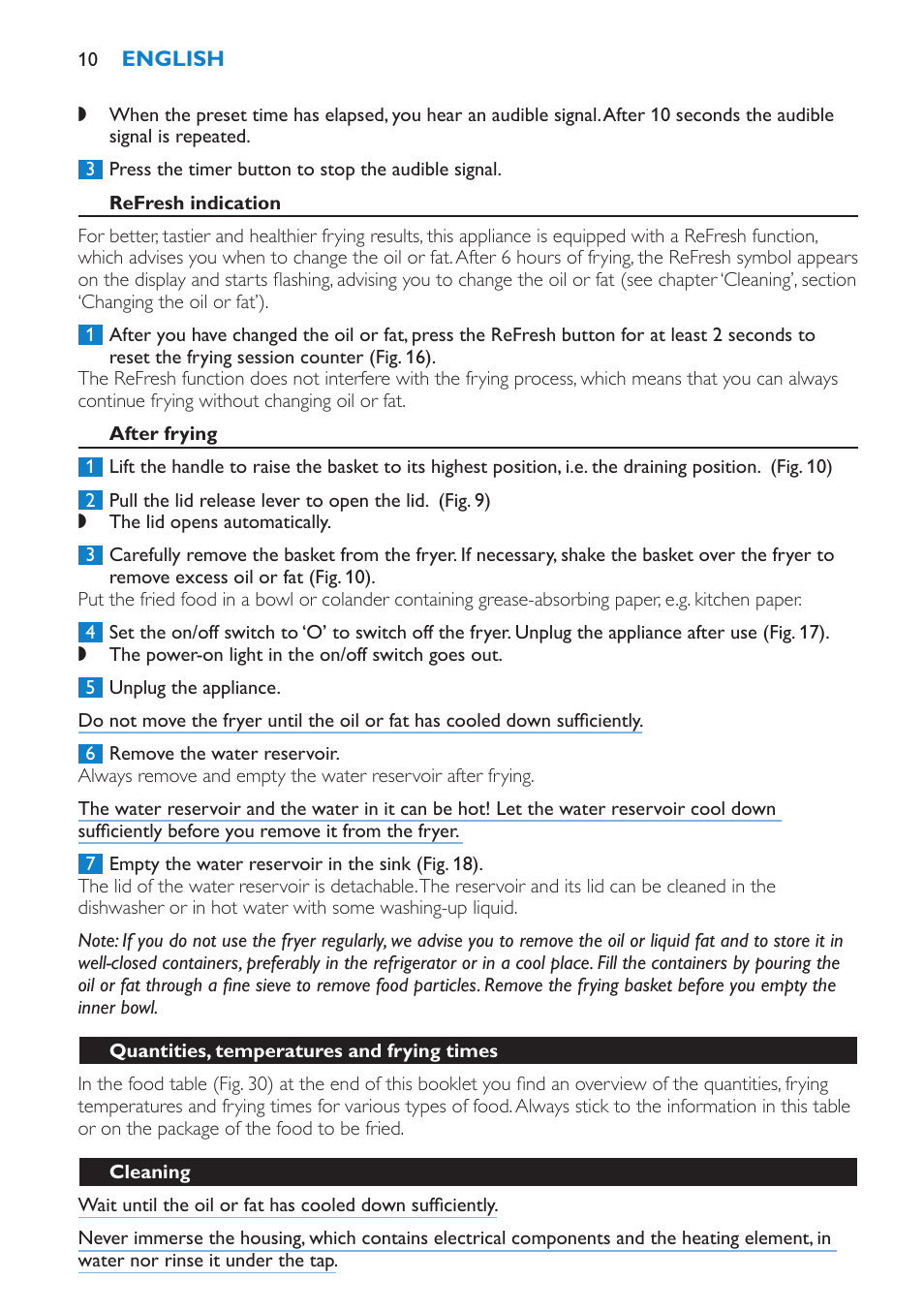 Refresh indication, After frying, Quantities, temperatures and frying times | Cleaning | Philips HD6180 User Manual | Page 10 / 168