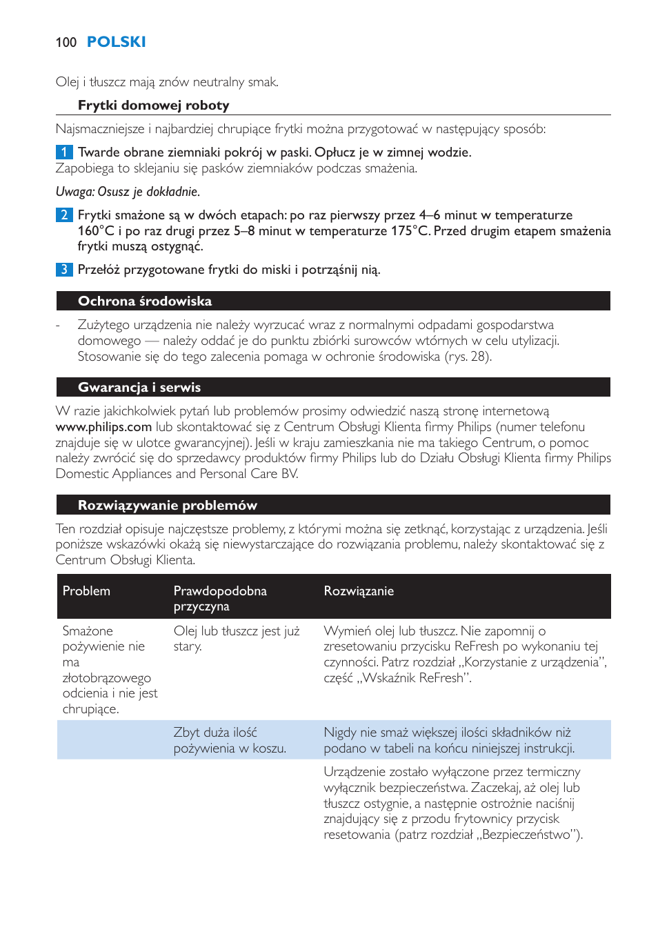 Frytki domowej roboty, Ochrona środowiska, Gwarancja i serwis | Rozwiązywanie problemów | Philips HD6180 User Manual | Page 100 / 168