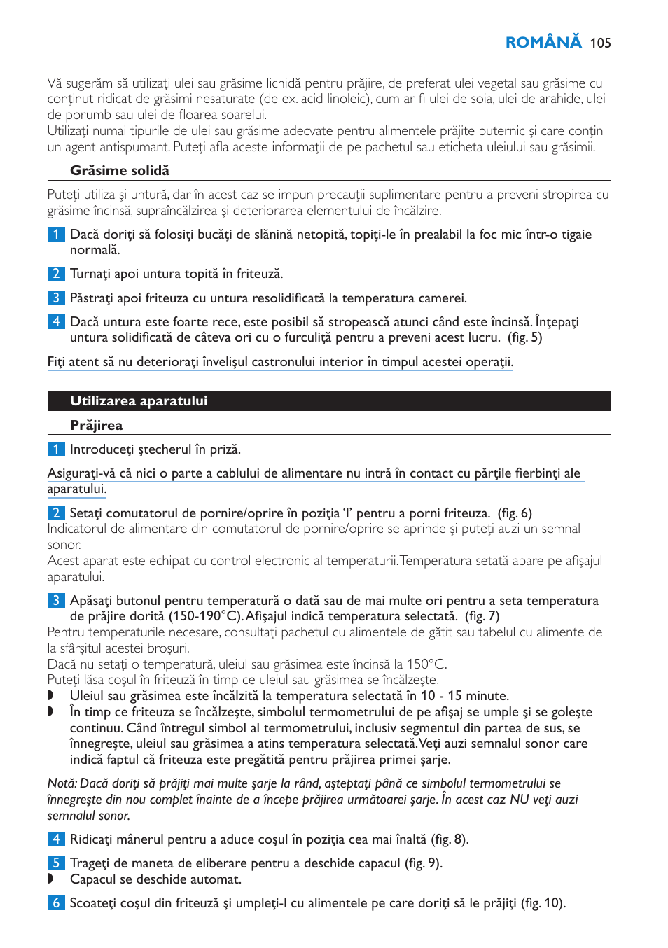 Grăsime solidă, Utilizarea aparatului, Prăjirea | Philips HD6180 User Manual | Page 105 / 168