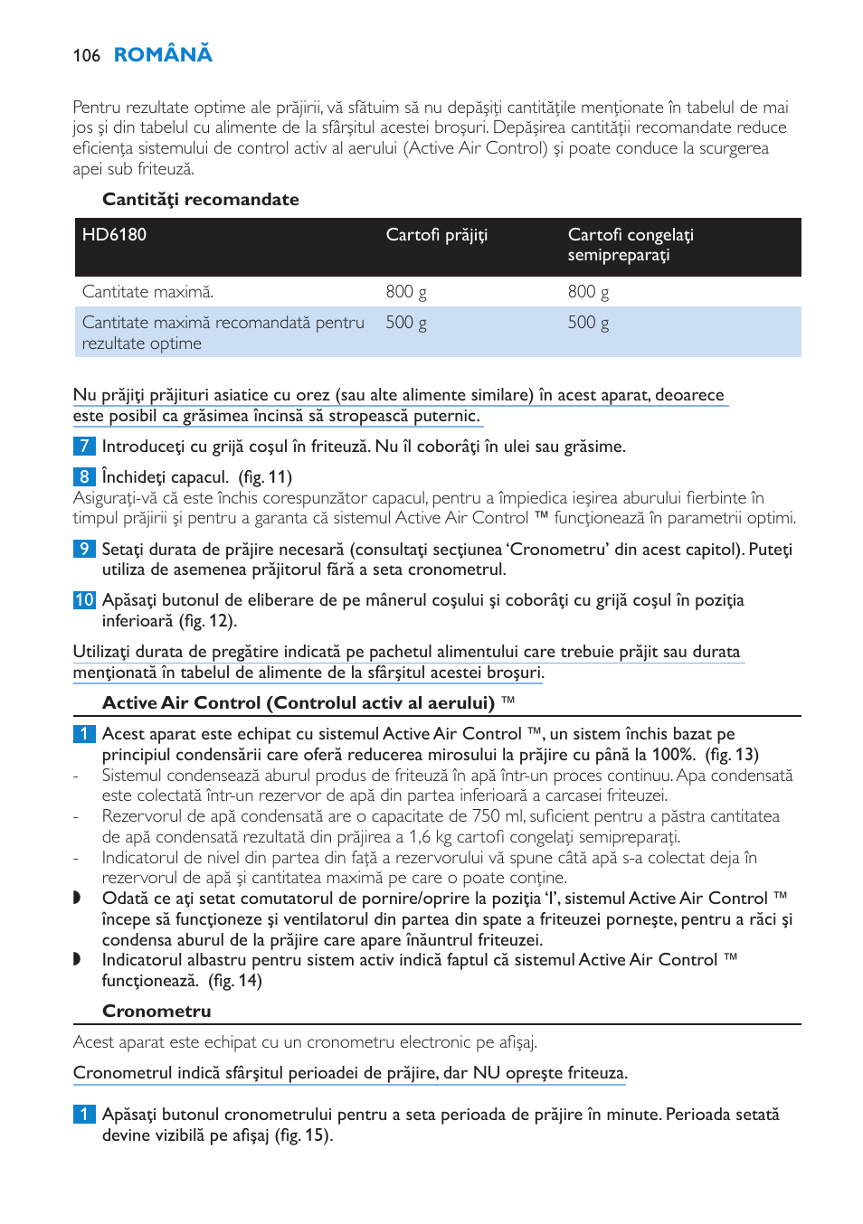 Cantităţi recomandate, Active air control (controlul activ al aerului), Cronometru | Philips HD6180 User Manual | Page 106 / 168