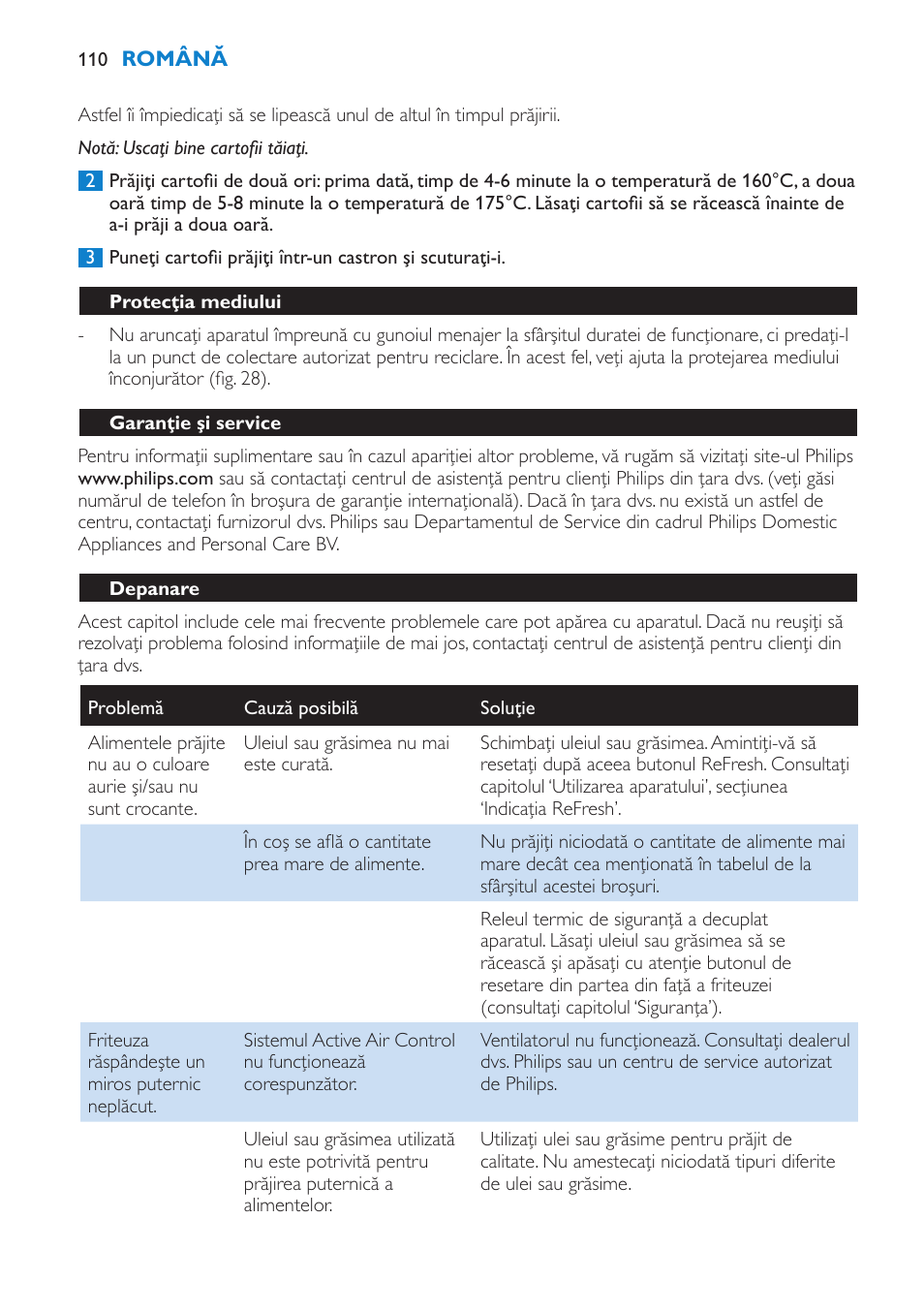 Protecţia mediului, Garanţie şi service, Depanare | Philips HD6180 User Manual | Page 110 / 168