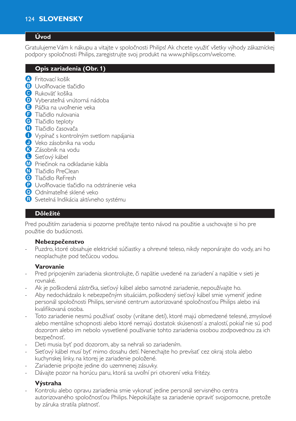 Nebezpečenstvo, Varovanie, Výstraha | Slovensky, Úvod, Opis zariadenia (obr. 1), Dôležité | Philips HD6180 User Manual | Page 124 / 168