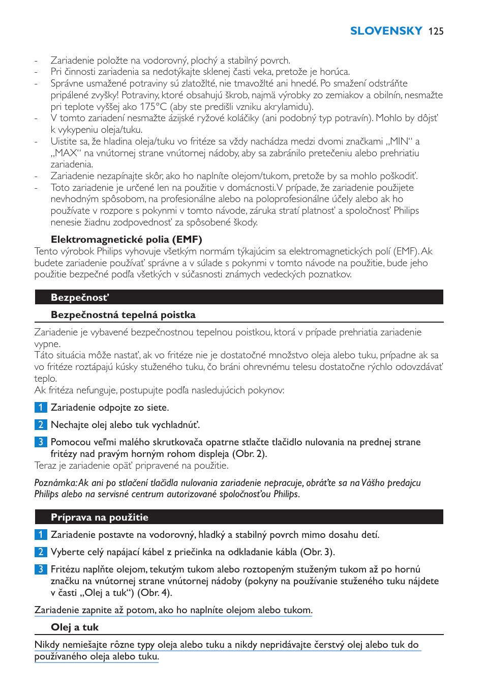 Elektromagnetické polia (emf), Bezpečnosť, Bezpečnostná tepelná poistka | Príprava na použitie, Olej a tuk | Philips HD6180 User Manual | Page 125 / 168