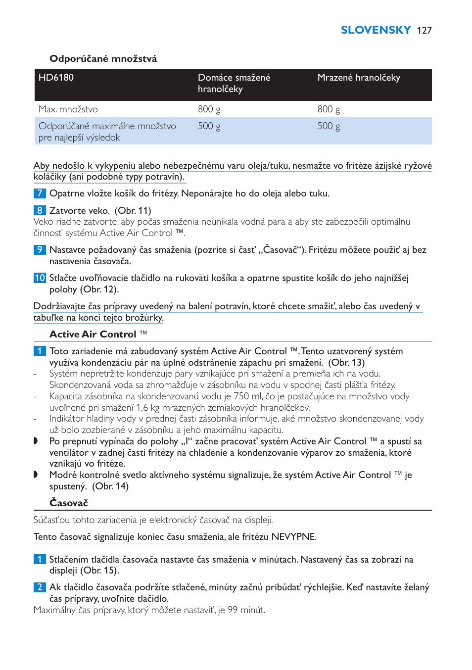 Odporúčané množstvá, Active air control, Časovač | Philips HD6180 User Manual | Page 127 / 168