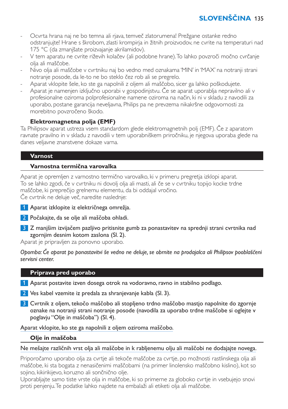 Elektromagnetna polja (emf), Varnost, Varnostna termična varovalka | Priprava pred uporabo, Olje in maščoba | Philips HD6180 User Manual | Page 135 / 168