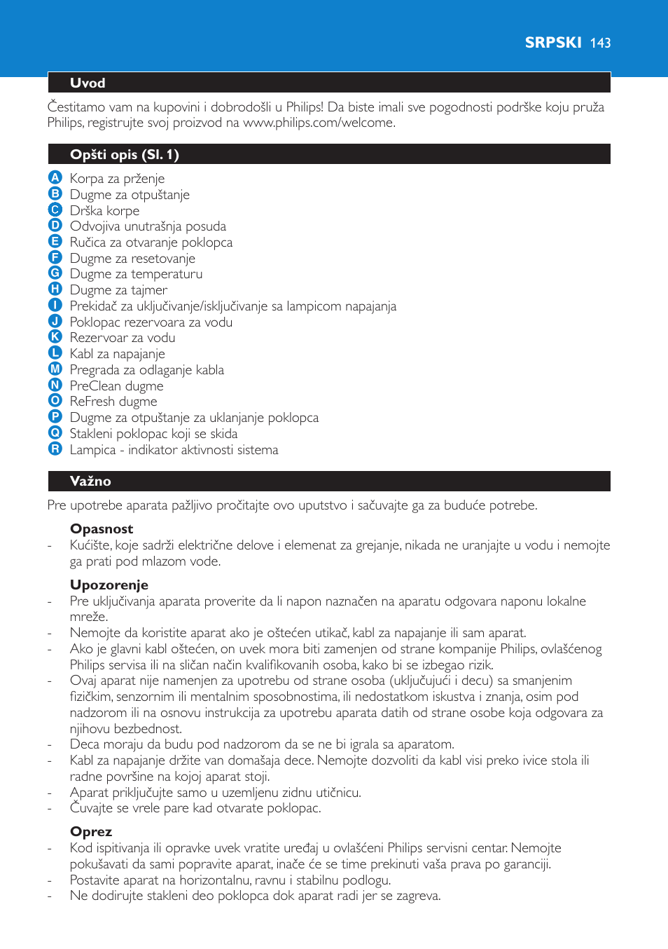 Opasnost, Upozorenje, Oprez | Srpski, Uvod, Opšti opis (sl. 1), Važno | Philips HD6180 User Manual | Page 143 / 168