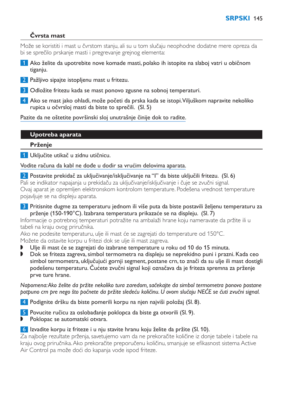 Čvrsta mast, Upotreba aparata, Prženje | Preporučene količine | Philips HD6180 User Manual | Page 145 / 168