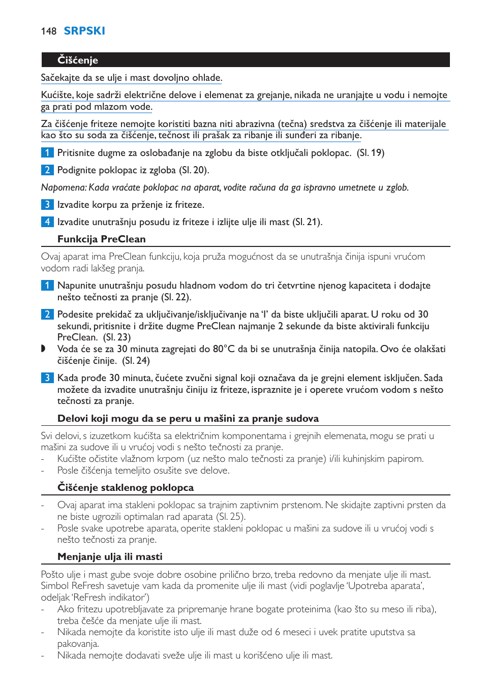 Funkcija preclean, Čišćenje staklenog poklopca, Menjanje ulja ili masti | Philips HD6180 User Manual | Page 148 / 168