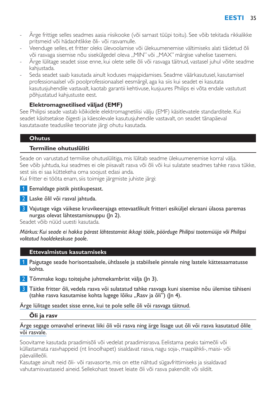 Elektromagnetilised väljad (emf), Ohutus, Termiline ohutuslüliti | Ettevalmistus kasutamiseks, Õli ja rasv | Philips HD6180 User Manual | Page 35 / 168