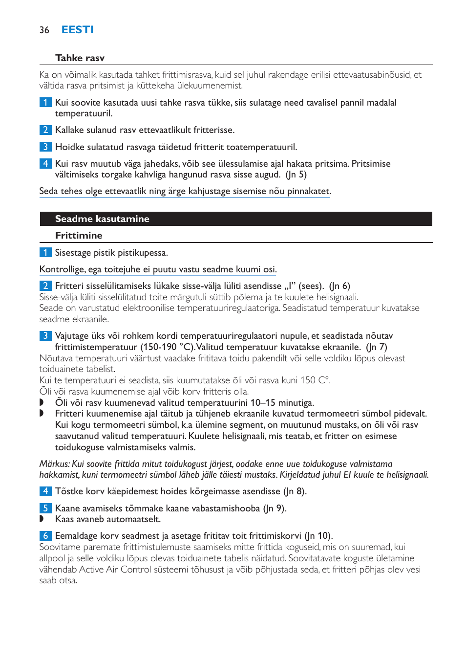 Tahke rasv, Seadme kasutamine, Frittimine | Philips HD6180 User Manual | Page 36 / 168