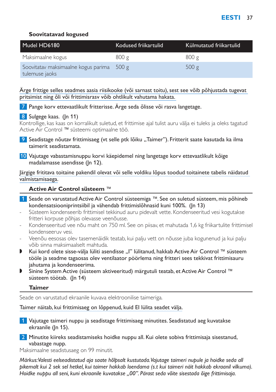 Soovitatavad kogused, Active air control süsteem, Taimer | Philips HD6180 User Manual | Page 37 / 168