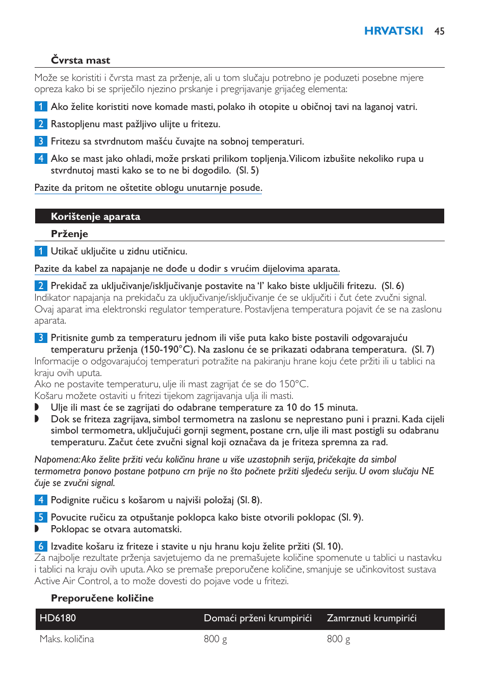 Čvrsta mast, Korištenje aparata, Prženje | Preporučene količine | Philips HD6180 User Manual | Page 45 / 168