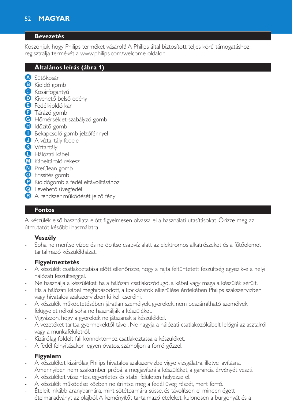 Veszély, Figyelmeztetés, Figyelem | Magyar, Bevezetés, Általános leírás (ábra 1), Fontos | Philips HD6180 User Manual | Page 52 / 168